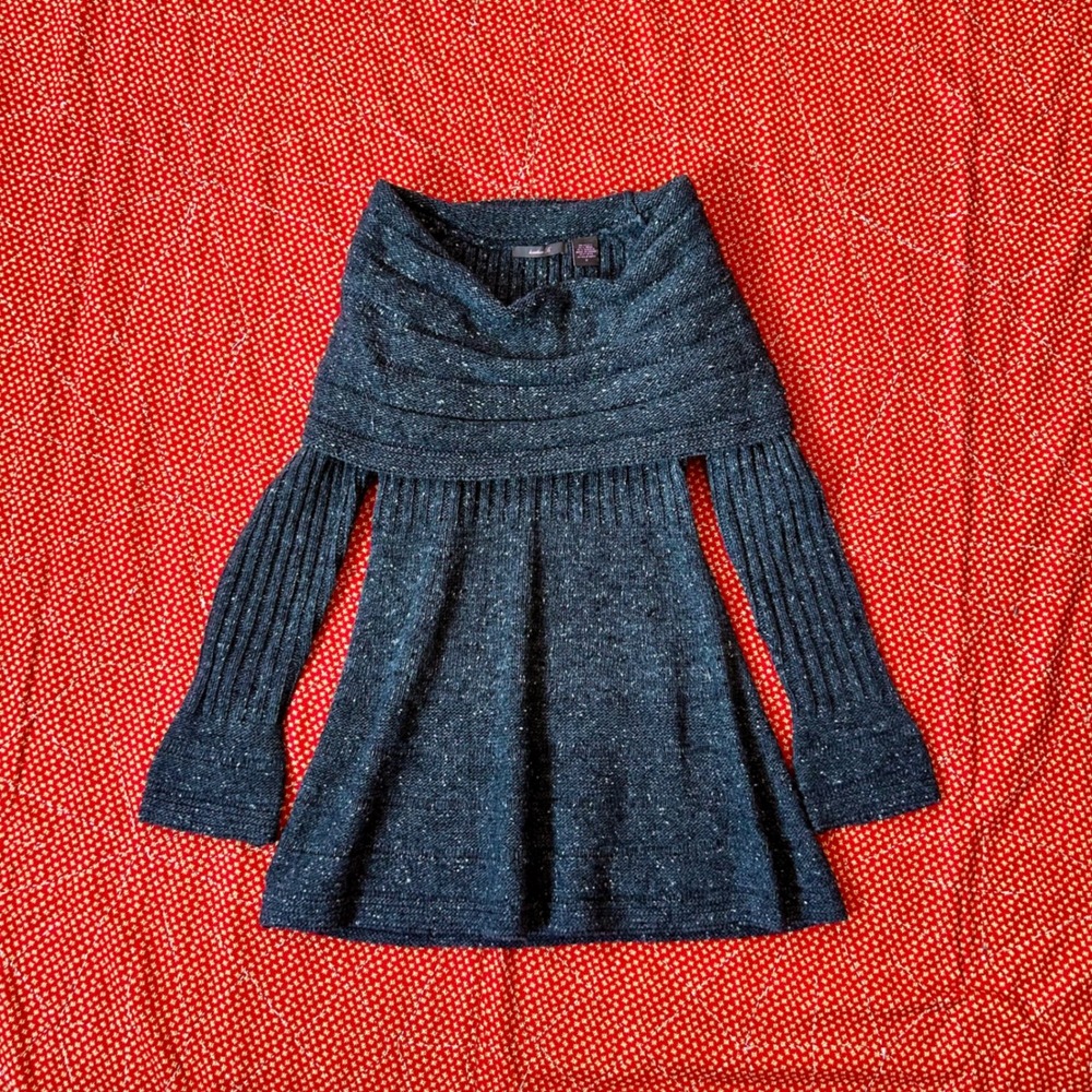 Vintage 2000s Charcoal Gray Wool Blend Cowl Neck Ribbed Tunic Sweater Small